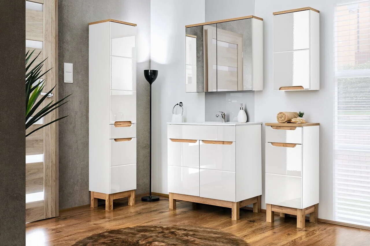 Set mobilier baie Bali White Lava 80 cm, dulapuri, masca cu lavoar si cabinet cu oglinda, Comad, MDF/PAL, alb Set mobilier baie Bali White Lava 80 cm, dulapuri, masca cu lavoar si cabinet cu oglinda, Comad, MDF/PAL, alb