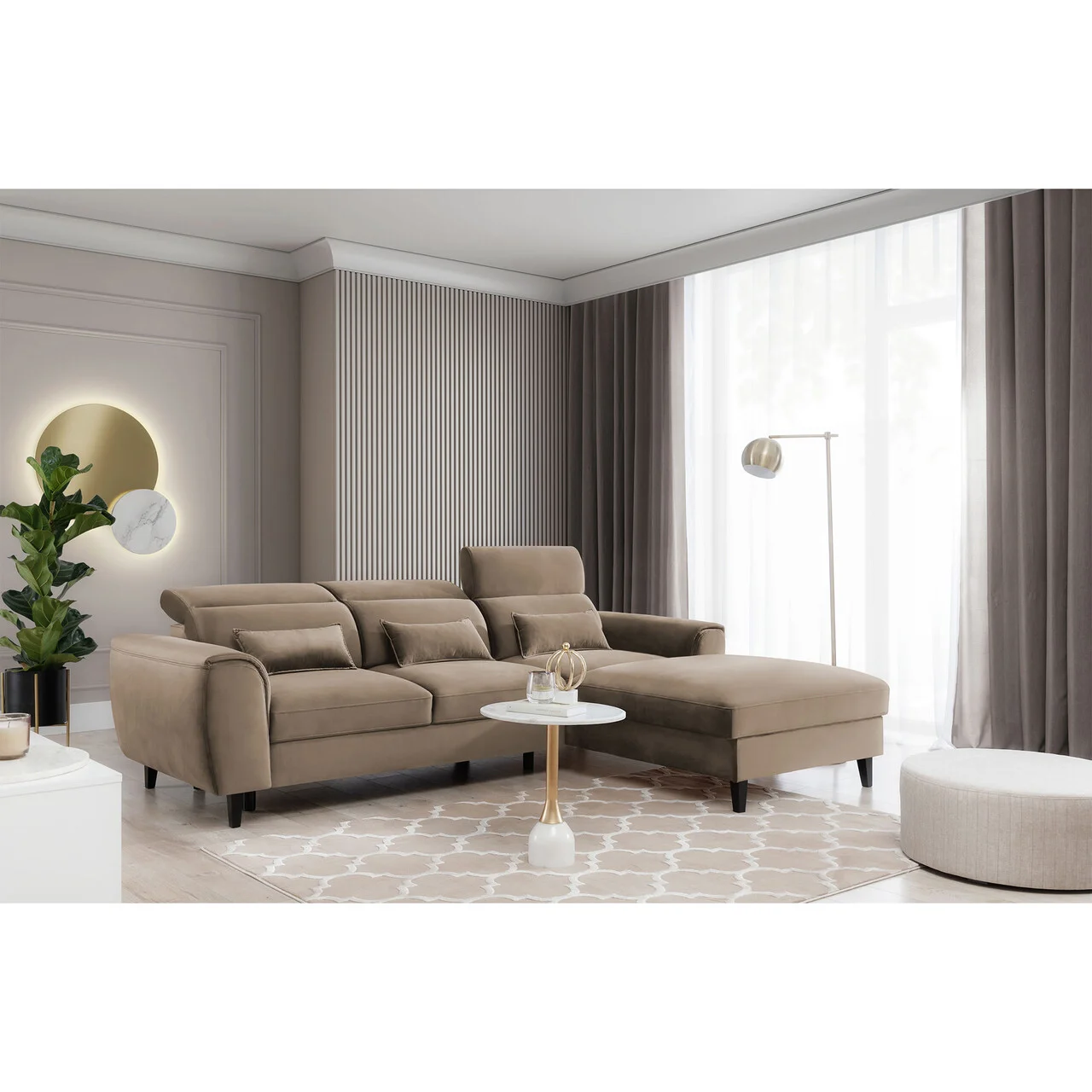 Coltar extensibil dreapta 4 locuri ELTAP, Foble, 267x196x100 cm, lemn/poliester, maro deschis Coltar extensibil dreapta 4 locuri ELTAP, Foble, 267x196x100 cm, lemn/poliester, maro deschis