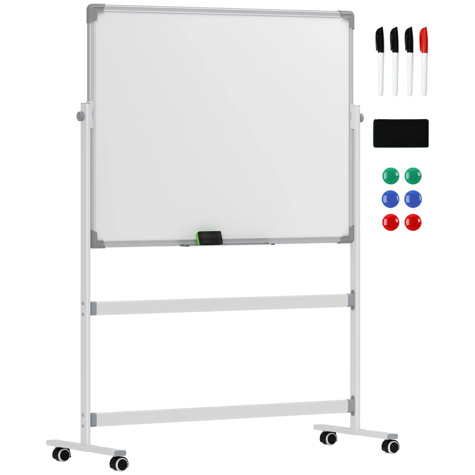 HOMCOM Tablă Magnetică cu 2 Fețe, Tablă Rotativă la 360° cu 3 Nivele Reglabile, Burete și Marker-e, 127x50x165 cm, Alb | Aosom Romania HOMCOM Tablă Magnetică cu 2 Fețe, Tablă Rotativă la 360° cu 3 Nivele Reglabile, Burete și Marker-e, 127x50x165 cm, Alb | Aosom Romania