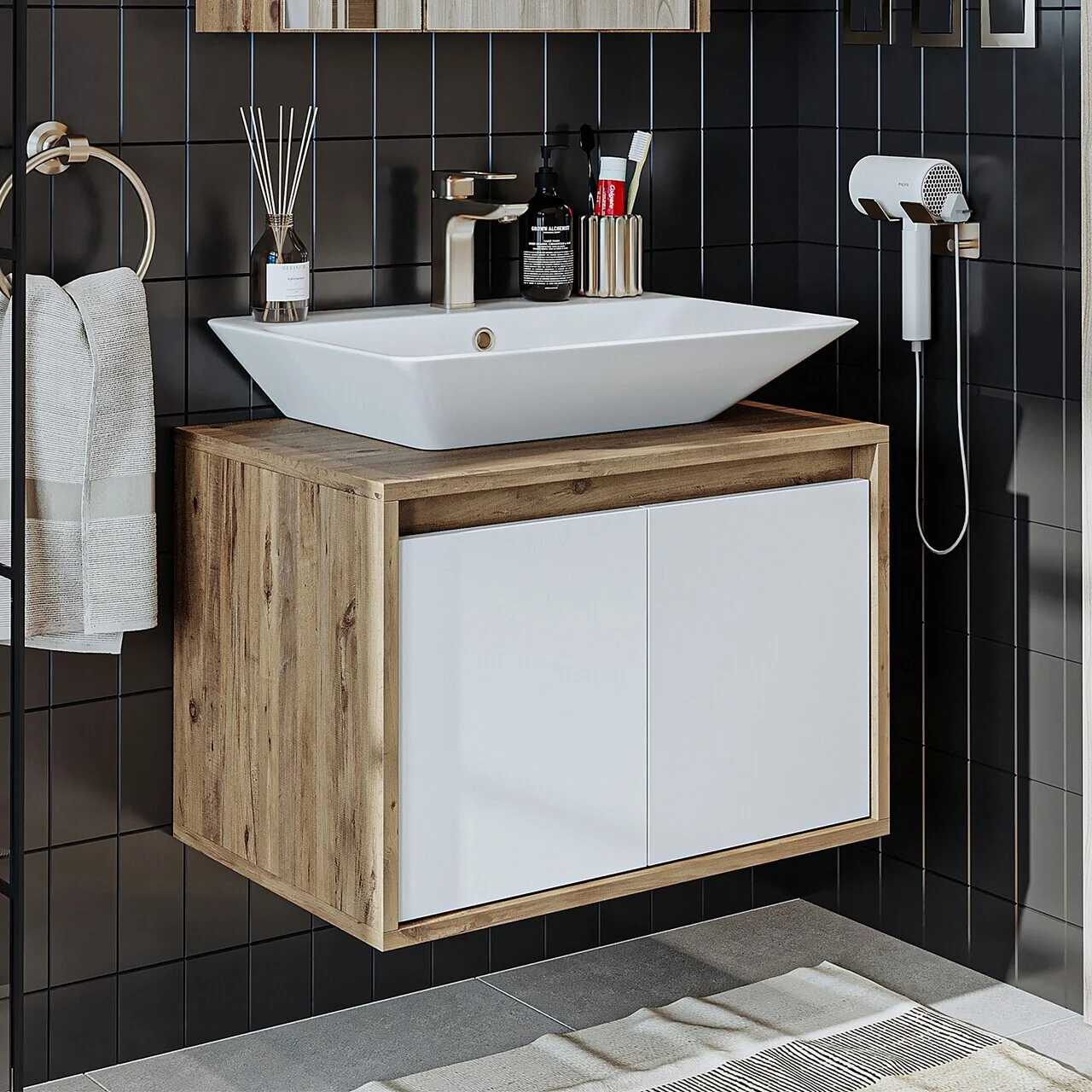 Dulap de baie cu chiuvetă, Hanah Home, 1750, 65x58x45 cm, MDF-LAM, Pin Atlantic / Alb Mat Dulap de baie cu chiuvetă, Hanah Home, 1750, 65x58x45 cm, MDF-LAM, Pin Atlantic / Alb Mat
