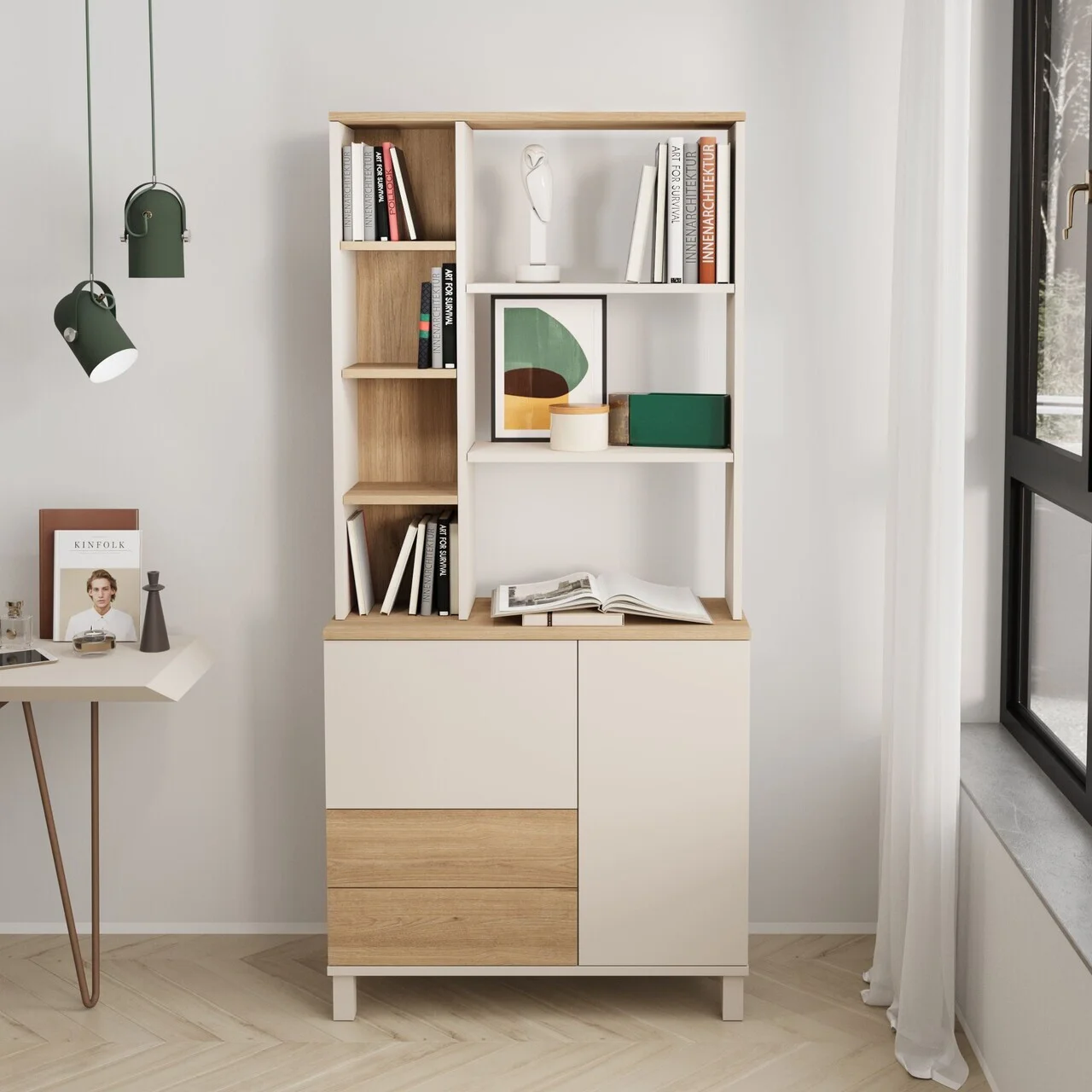 Corp biblioteca, Hanah Home, Mood, 85.2x187.8x35 cm, PAL, Nisip / Stejar Corp biblioteca, Hanah Home, Mood, 85.2x187.8x35 cm, PAL, Nisip / Stejar