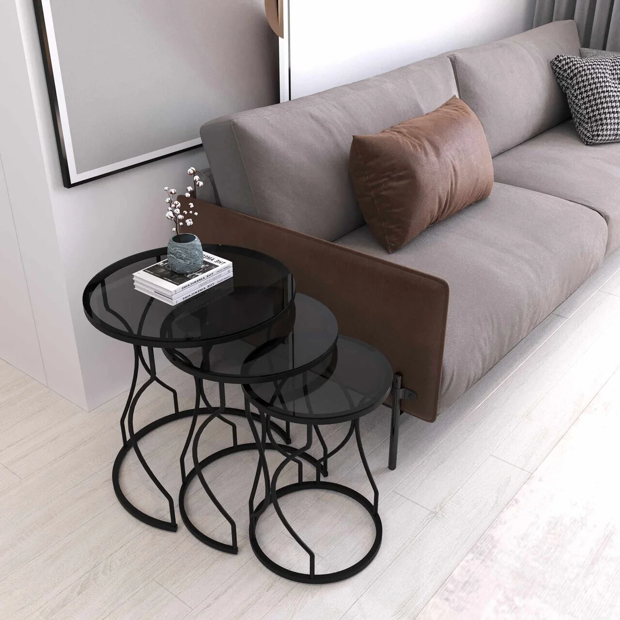 Set masute 3 piese, Hanah Home, Rüya, Negru / Fume Set masute 3 piese, Hanah Home, Rüya, Negru / Fume