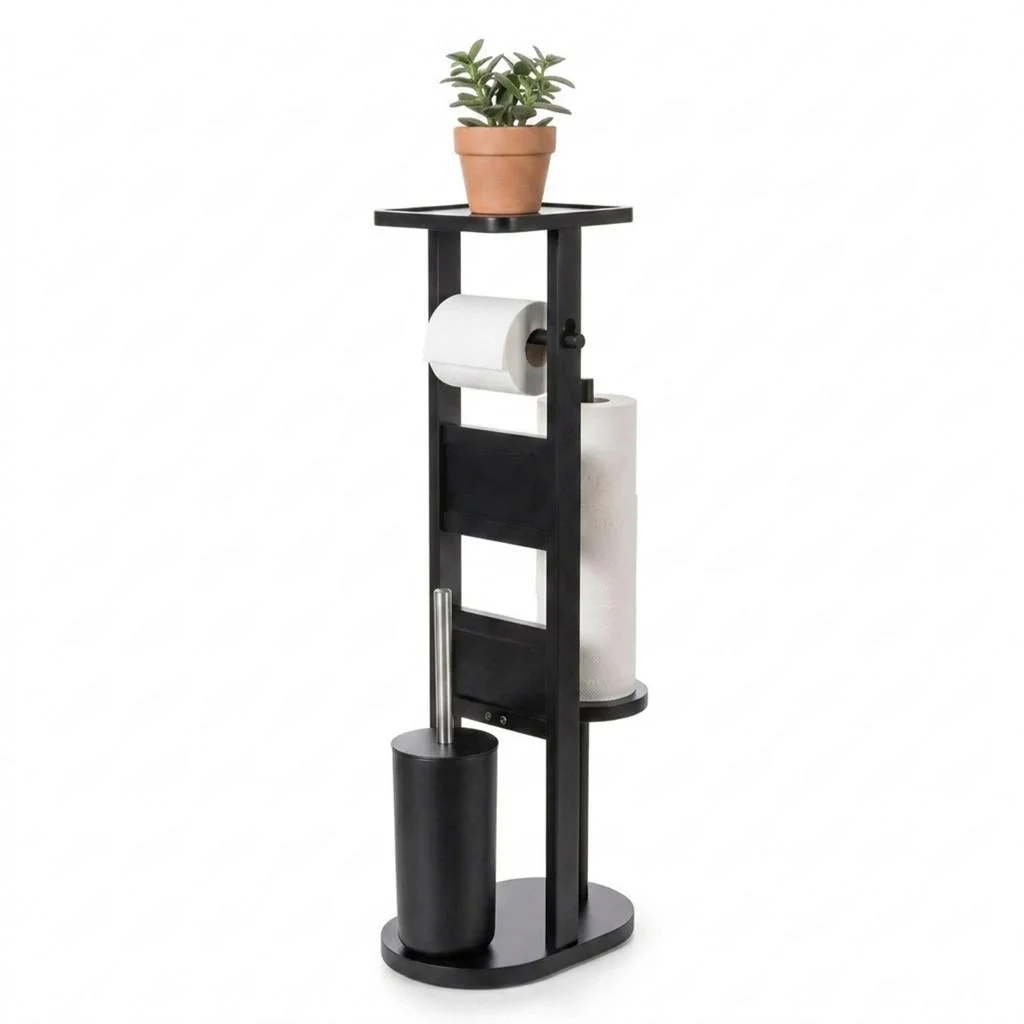 SUPORT WC negru bambus cu poliță 80 cm SUPORT WC negru bambus cu poliță 80 cm