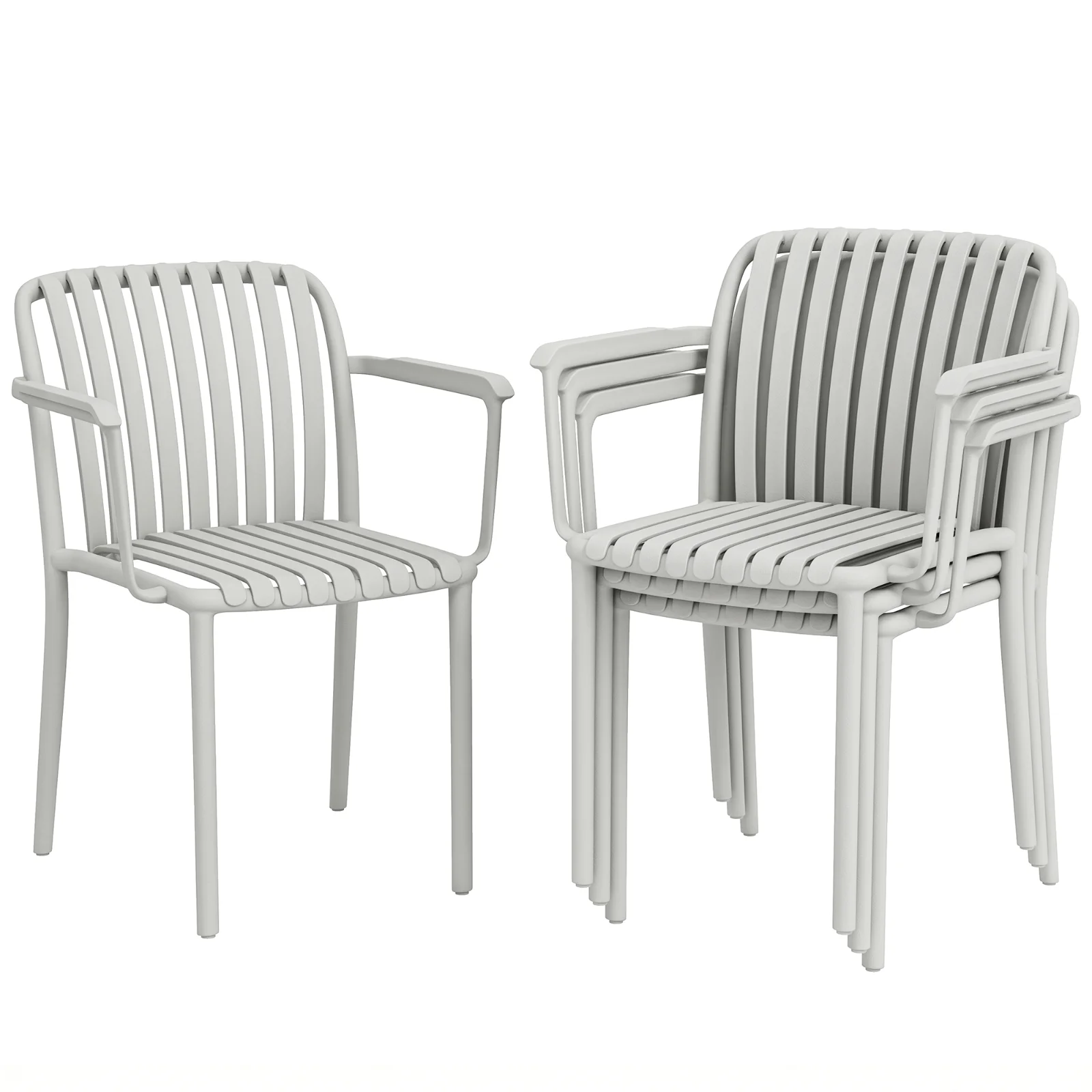 Outsunny Set 4 Scaune de Grădină Stackabile din Polipropilenă Anti-UV, Design Lamelar cu Cotiere, pentru Terasă Balcon Exterior Interior, Gri | Aosom Romania Outsunny Set 4 Scaune de Grădină Stackabile din Polipropilenă Anti-UV, Design Lamelar cu Cotiere, pentru Terasă Balcon Exterior Interior, Gri | Aosom Romania
