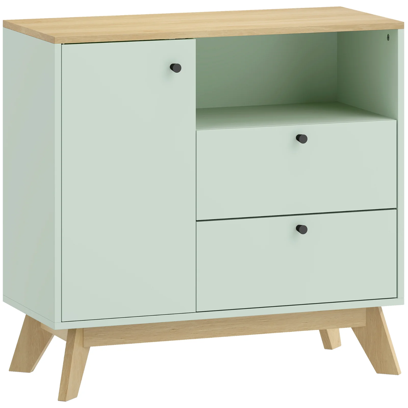 HOMCOM Bufet pentru living, mobilier de depozitare cu ușă, 2 sertare, compartiment deschis și raft reglabil, verde deschis și stejar | Aosom Romania HOMCOM Bufet pentru living, mobilier de depozitare cu ușă, 2 sertare, compartiment deschis și raft reglabil, verde deschis și stejar | Aosom Romania