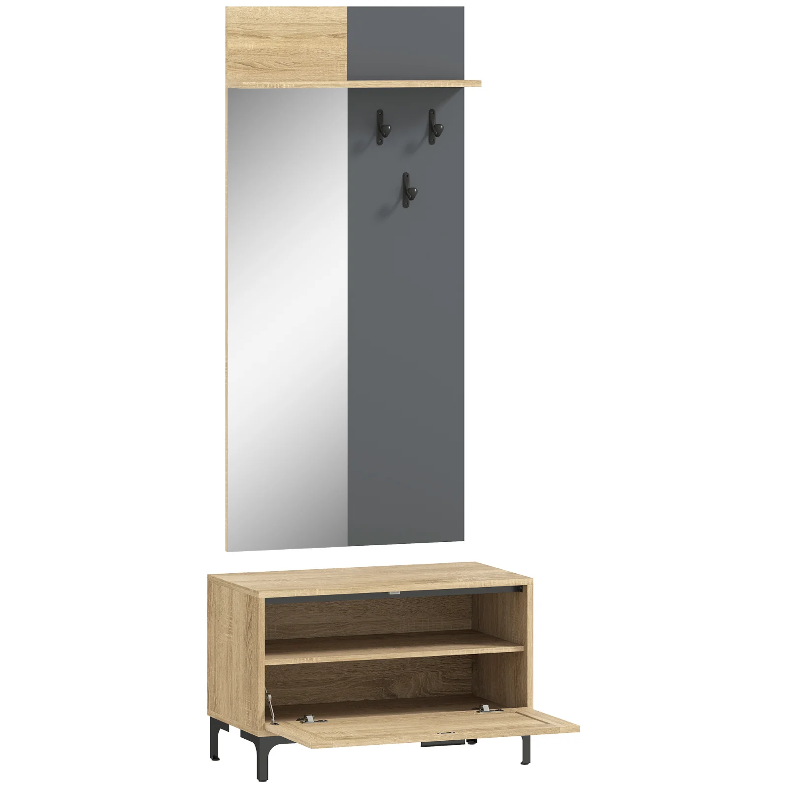 HOMCOM Set garderobă pentru hol, bancă pentru pantofi, oglindă, 3 cârlige, raft deschis, mobilier de hol, Lemn natural+Gri | Aosom Romania HOMCOM Set garderobă pentru hol, bancă pentru pantofi, oglindă, 3 cârlige, raft deschis, mobilier de hol, Lemn natural+Gri | Aosom Romania