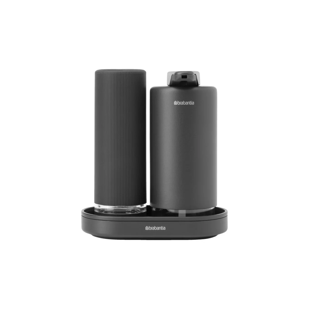 Set dozator sapun / detergent lichid 2 piese, Brabantia, SinkStyle Mineral, 14x9.5x15.7 cm, 220 ml, otel, gri inchis Set dozator sapun / detergent lichid 2 piese, Brabantia, SinkStyle Mineral, 14x9.5x15.7 cm, 220 ml, otel, gri inchis