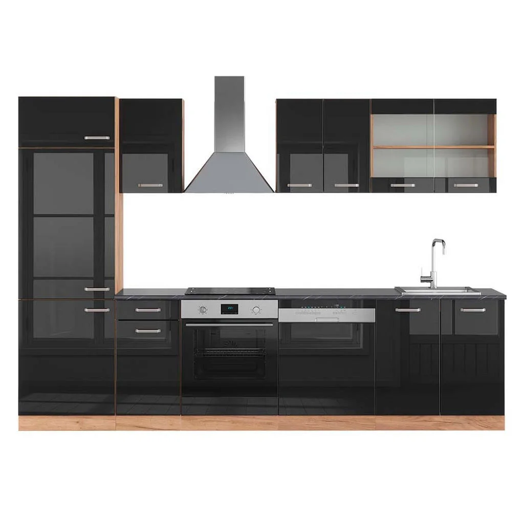 KITCHENETTE R-Line Negru lucios/Stejar Goldkraft 300 cm , AP Antracit KITCHENETTE R-Line Negru lucios/Stejar Goldkraft 300 cm , AP Antracit