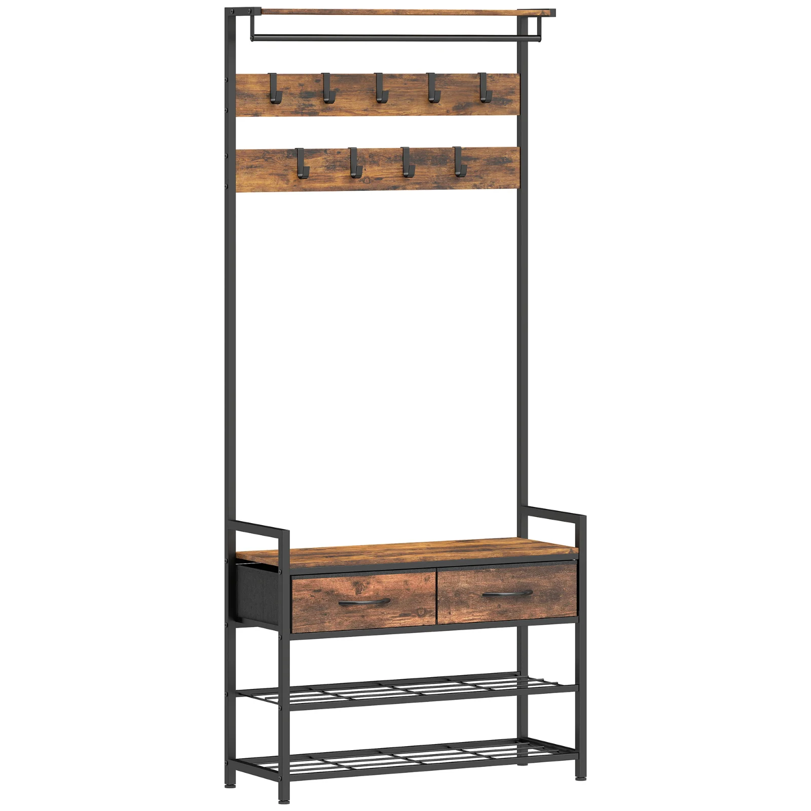 HOMCOM Cuier de Podea 5 în 1, 181,5 cm, cu Bancă și Suport pentru Încălțăminte, 10 Cârlige, Metal, Maro Rustic | Aosom Romania HOMCOM Cuier de Podea 5 în 1, 181,5 cm, cu Bancă și Suport pentru Încălțăminte, 10 Cârlige, Metal, Maro Rustic | Aosom Romania