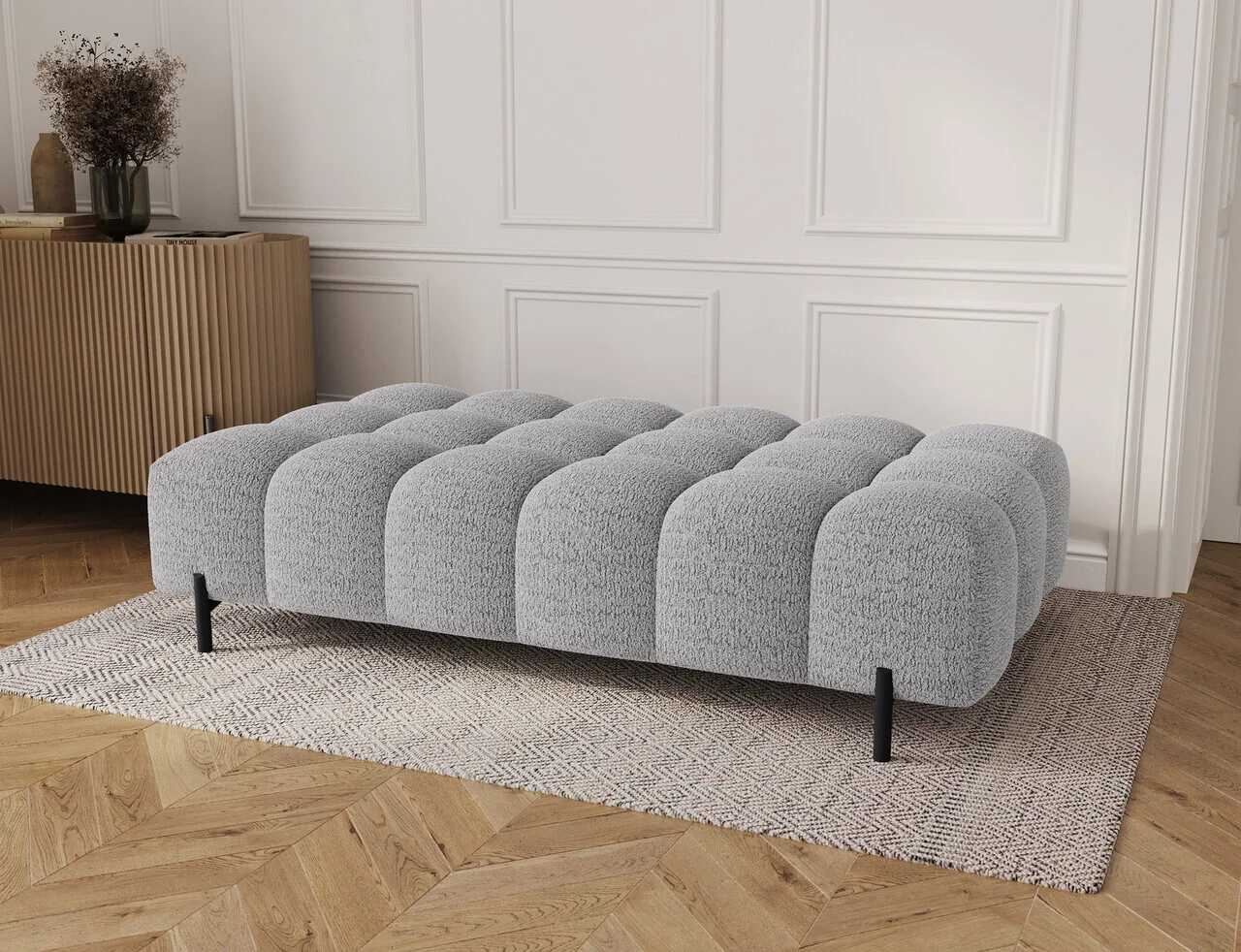 Taburet ELTAP, Ferivo, 137x68x37 cm, lemn/tesatura boucle, gri deschis Taburet ELTAP, Ferivo, 137x68x37 cm, lemn/tesatura boucle, gri deschis