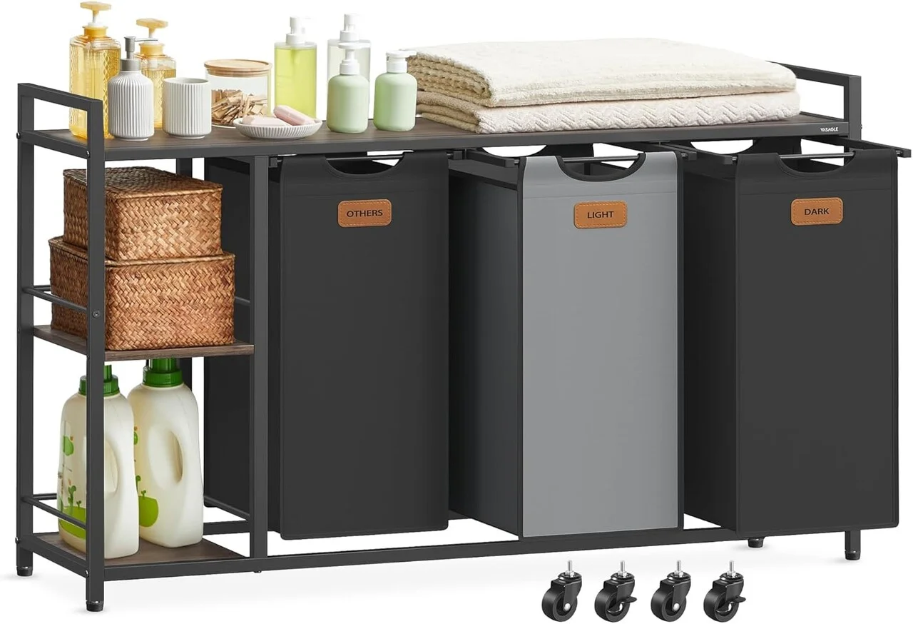 Cos de rufe cu 3 compartimente, rafturi si roti, Vasagle, 150 L, 117x33x80.5 cm, otel/PAL/tesatura Oxford, negru/gri Cos de rufe cu 3 compartimente, rafturi si roti, Vasagle, 150 L, 117x33x80.5 cm, otel/PAL/tesatura Oxford, negru/gri