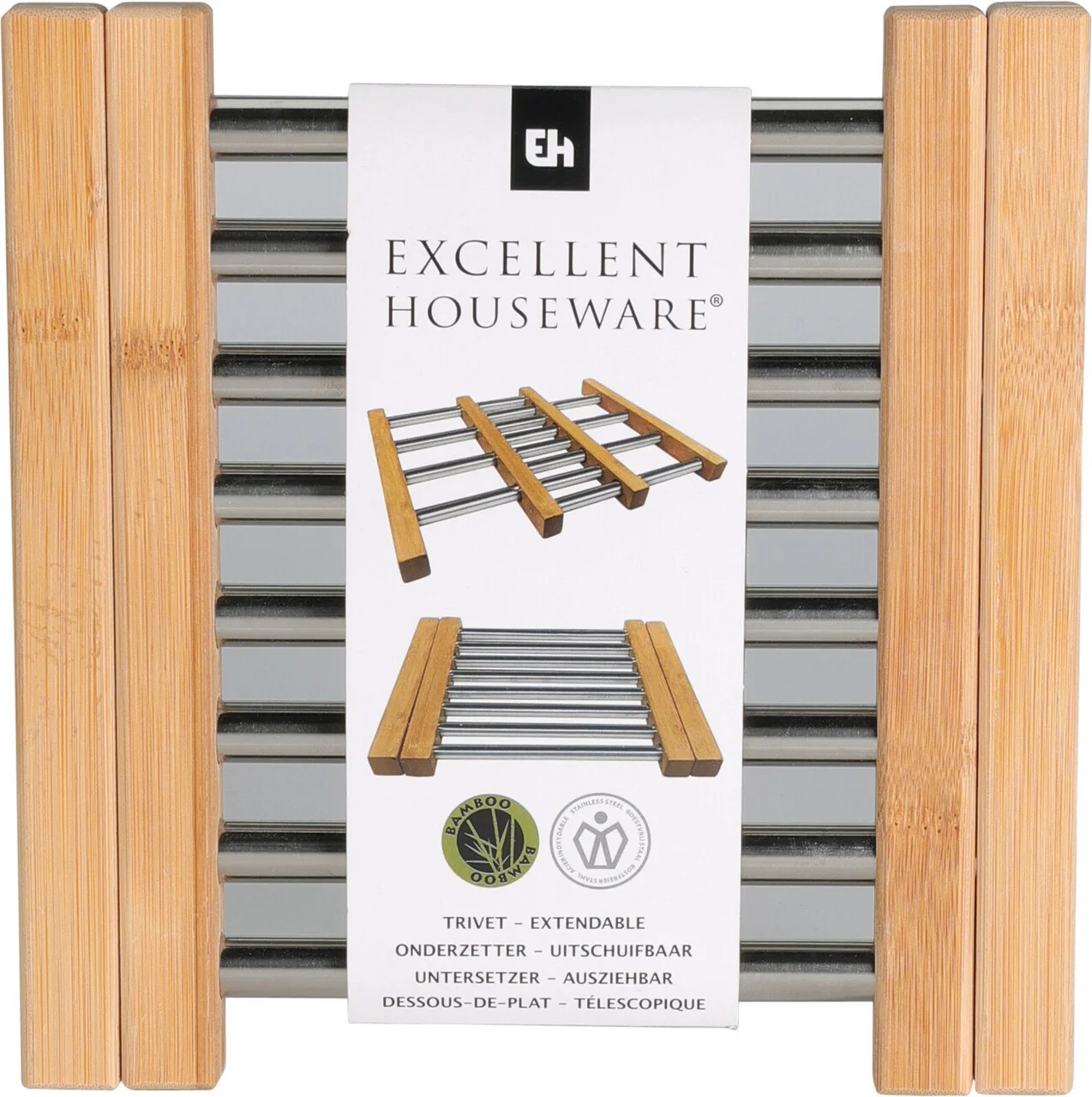 Suport extensibil pentru oale fierbinti, 21.5-34.5x22x2.2 cm, inox/bambus Suport extensibil pentru oale fierbinti, 21.5-34.5x22x2.2 cm, inox/bambus
