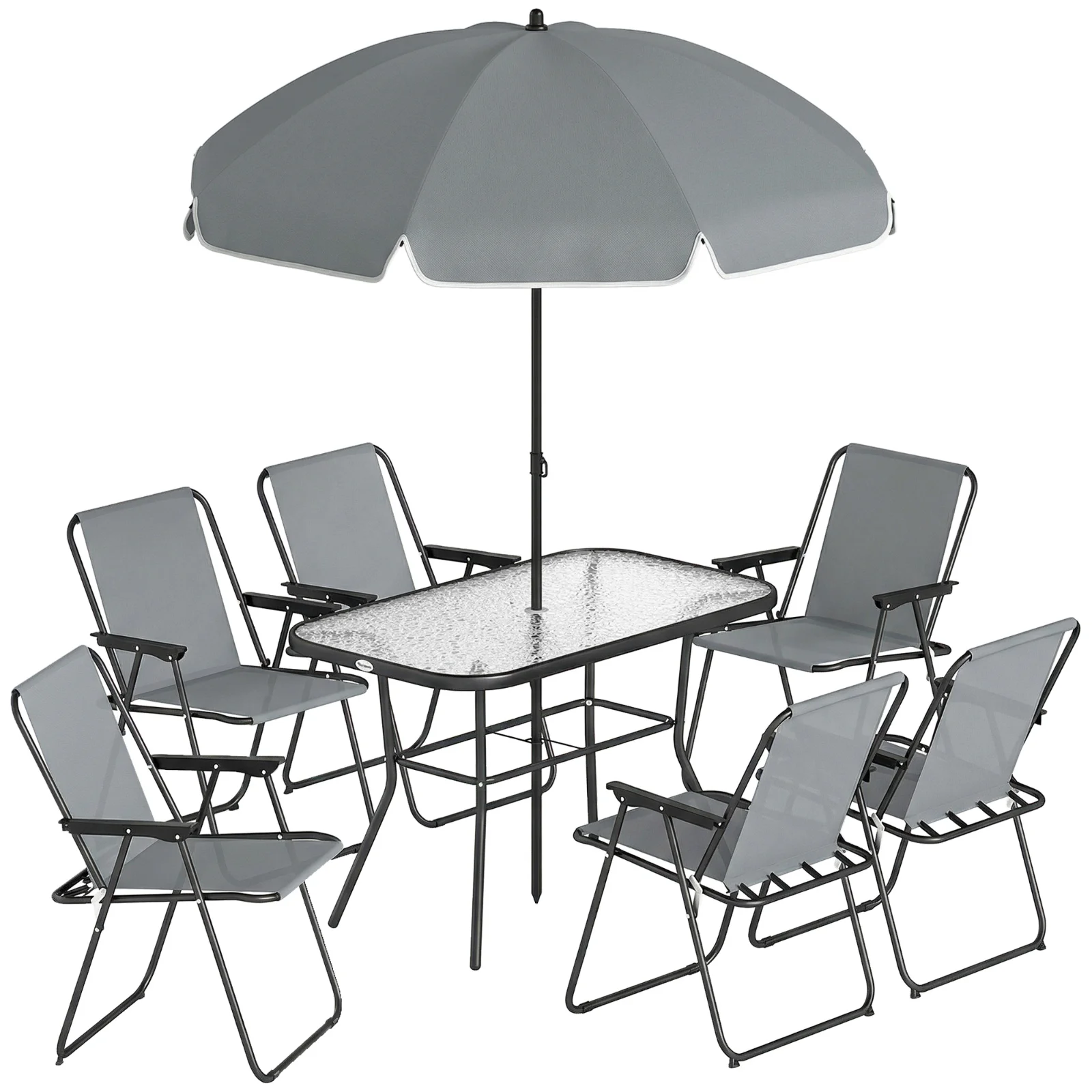 Outsunny Set de Masă de Grădină 8 Piese cu Umbrelă, Set Mobilier Grădină cu 6 Scaune Pliabile, Masă din Sticlă Temperată și Umbrelă pentru Terasă, Gri | Aosom Romania Outsunny Set de Masă de Grădină 8 Piese cu Umbrelă, Set Mobilier Grădină cu 6 Scaune Pliabile, Masă din Sticlă Temperată și Umbrelă pentru Terasă, Gri | Aosom Romania