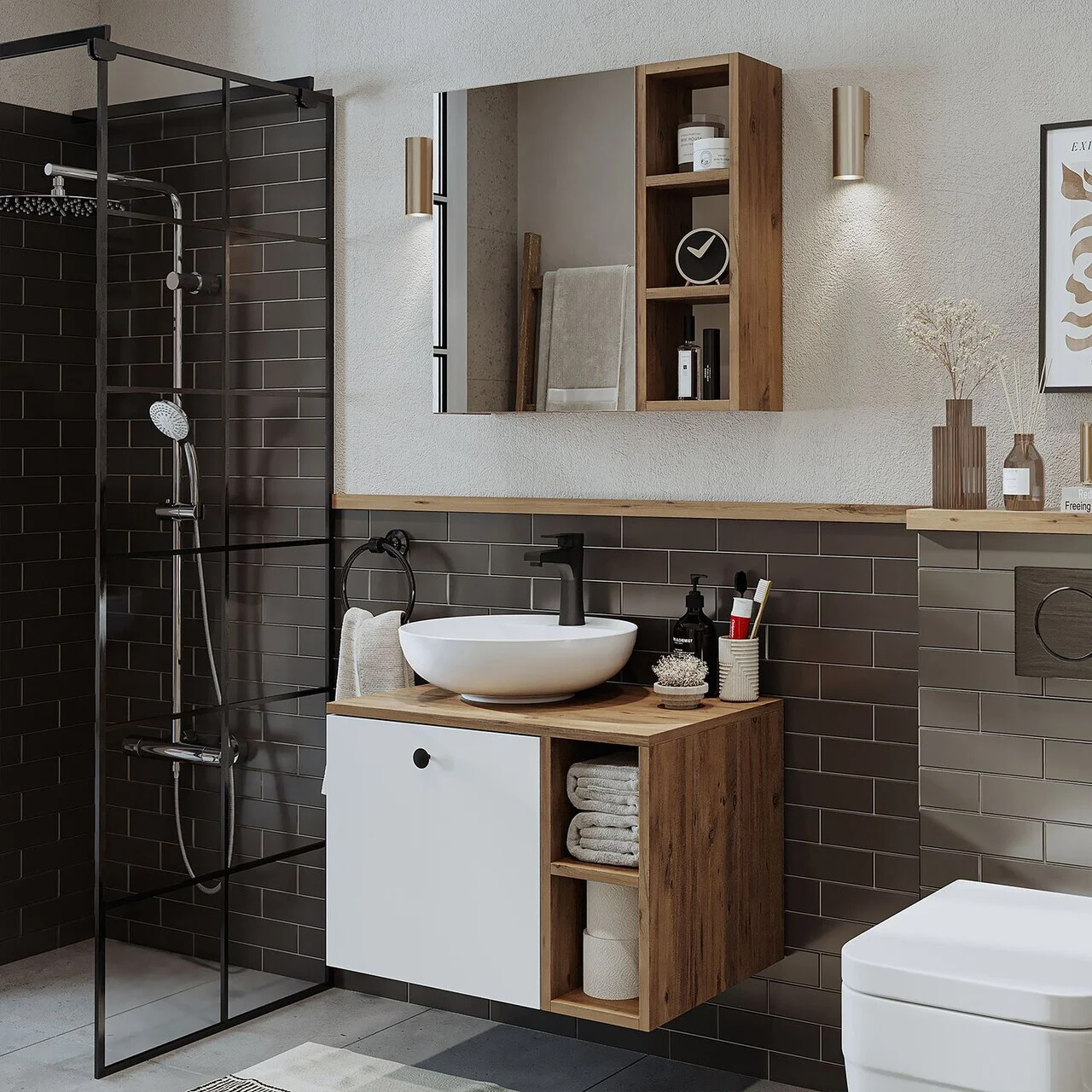 Set Dulap de Baie cu Chiuvetă și Oglindă (2 Piese), Hanah Home, 2476, MDF, Pin Atlantic / Alb Set Dulap de Baie cu Chiuvetă și Oglindă (2 Piese), Hanah Home, 2476, MDF, Pin Atlantic / Alb