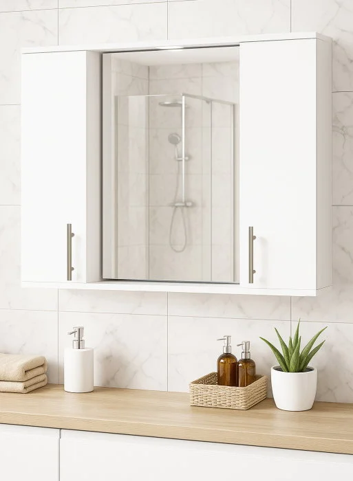 Dulap baie suspendat seria 020 cu oglinda, front MDF, montat, alb, 80x71 cm Dulap baie suspendat seria 020 cu oglinda, front MDF, montat, alb, 80x71 cm