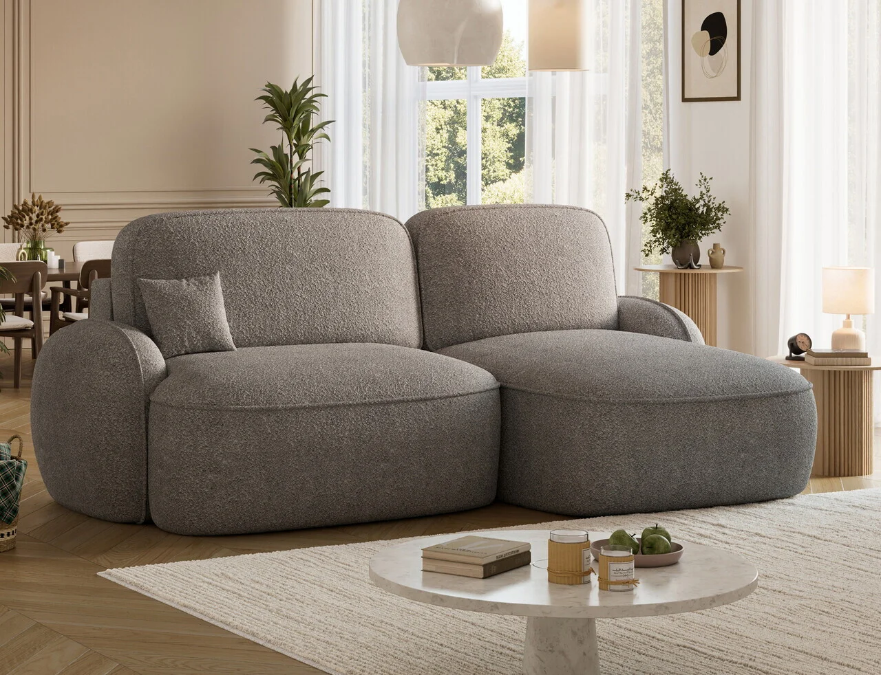 Coltar extensibil dreapta 3 locuri ELTAP, Tesalia, 240x150x93 cm, lemn/tesatura boucle, gri Coltar extensibil dreapta 3 locuri ELTAP, Tesalia, 240x150x93 cm, lemn/tesatura boucle, gri
