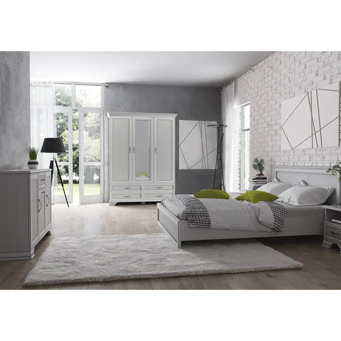Set dormitor TIFFANY II, 5 piese, pat 160x200 cm, dulap 3 usi si 4 sertare, comoda, 2 noptiere, crem fineline