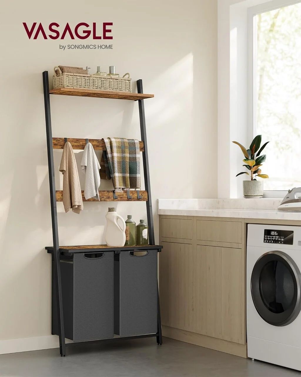 Cos de rufe cu 2 compartimente, rafturi si agatatori Vasagle, 73x33x177 cm, 2 x 46L, PAL/otel/tesatura Oxford, maro/negru Cos de rufe cu 2 compartimente, rafturi si agatatori Vasagle, 73x33x177 cm, 2 x 46L, PAL/otel/tesatura Oxford, maro/negru