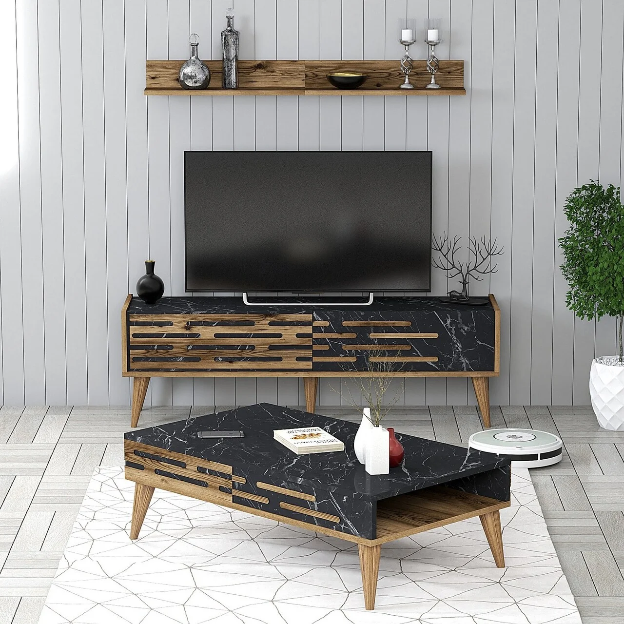Set mobilier living, Hanah Home, Valensiya 140, Nuc / Negru / Marmură Set mobilier living, Hanah Home, Valensiya 140, Nuc / Negru / Marmură