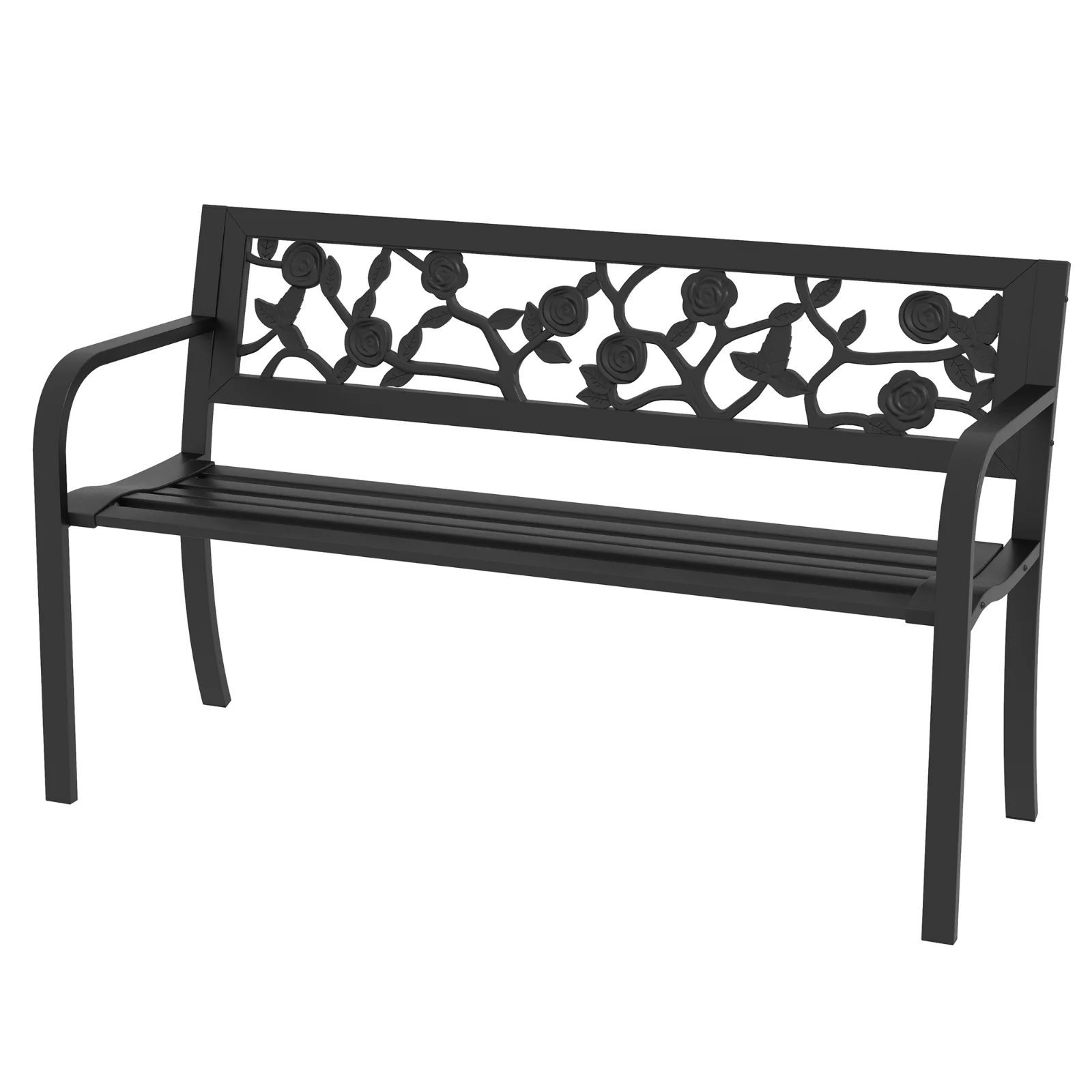Outsunny Banca de Terasa, Canapea cu Cadru Metalic cu Spatar cu Model Floral pentru Gradina, Cotiere, pentru Gradina, Veranda, Negru Outsunny Banca de Terasa, Canapea cu Cadru Metalic cu Spatar cu Model Floral pentru Gradina, Cotiere, pentru Gradina, Veranda, Negru