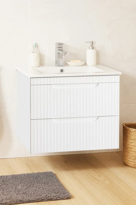 Set Baza front MDF si Lavoar seria 033, suspendata, cu sertare, montat, 60 cm, alb rustic Set Baza front MDF si Lavoar seria 033, suspendata, cu sertare, montat, 60 cm, alb rustic