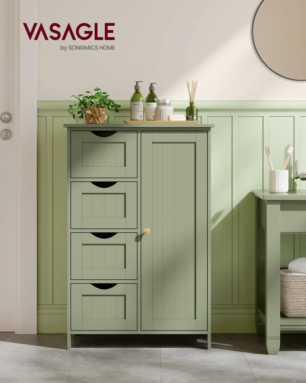 Dulap compact de baie cu 4 sertare, Vasagle, 55x30x82 cm, MDF/PAL, verde Dulap compact de baie cu 4 sertare, Vasagle, 55x30x82 cm, MDF/PAL, verde