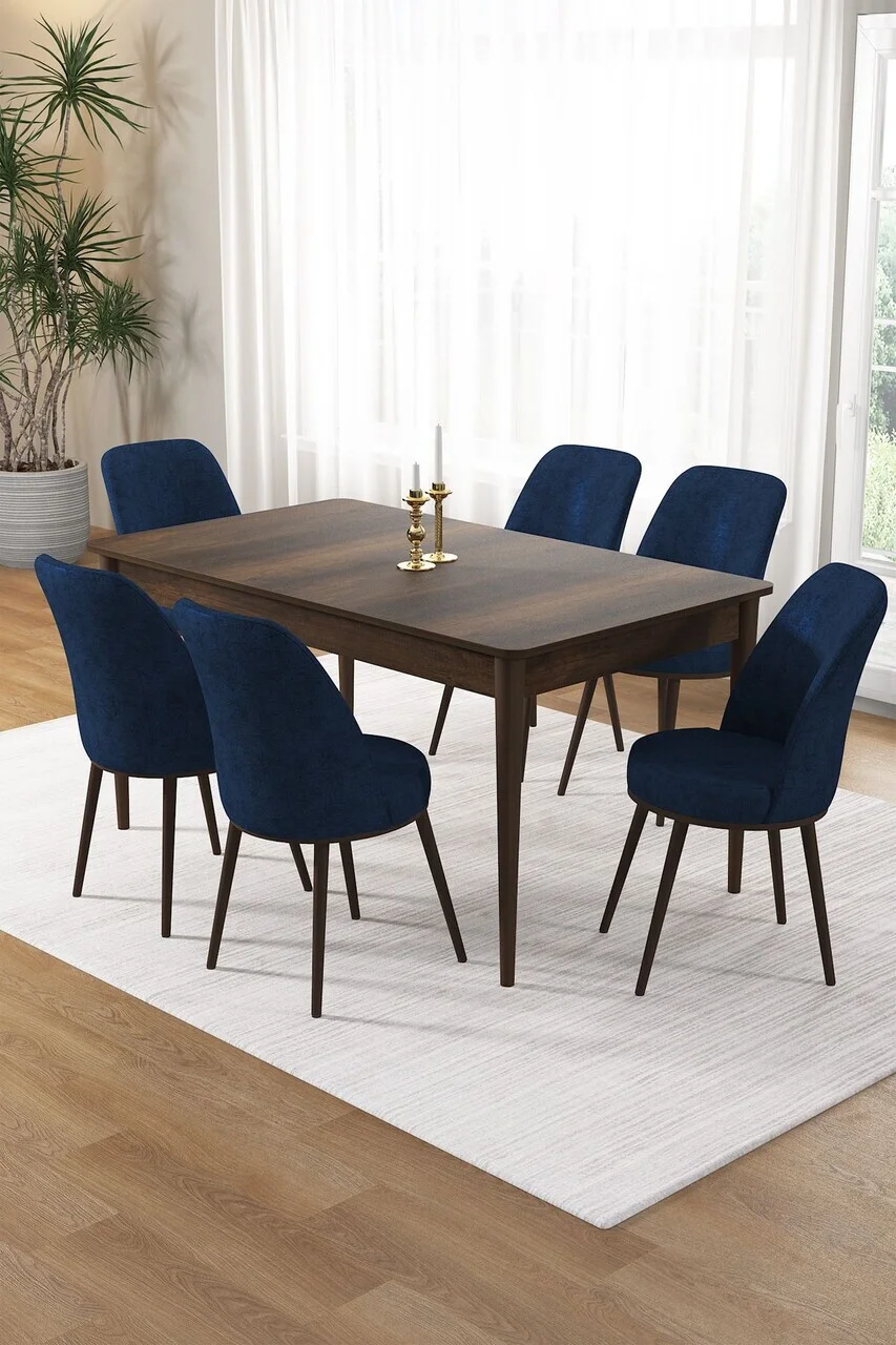 Set masa si scaune (7 piese), Hanah Home, Pir, Model baroc din lemn / Bleumarin Set masa si scaune (7 piese), Hanah Home, Pir, Model baroc din lemn / Bleumarin