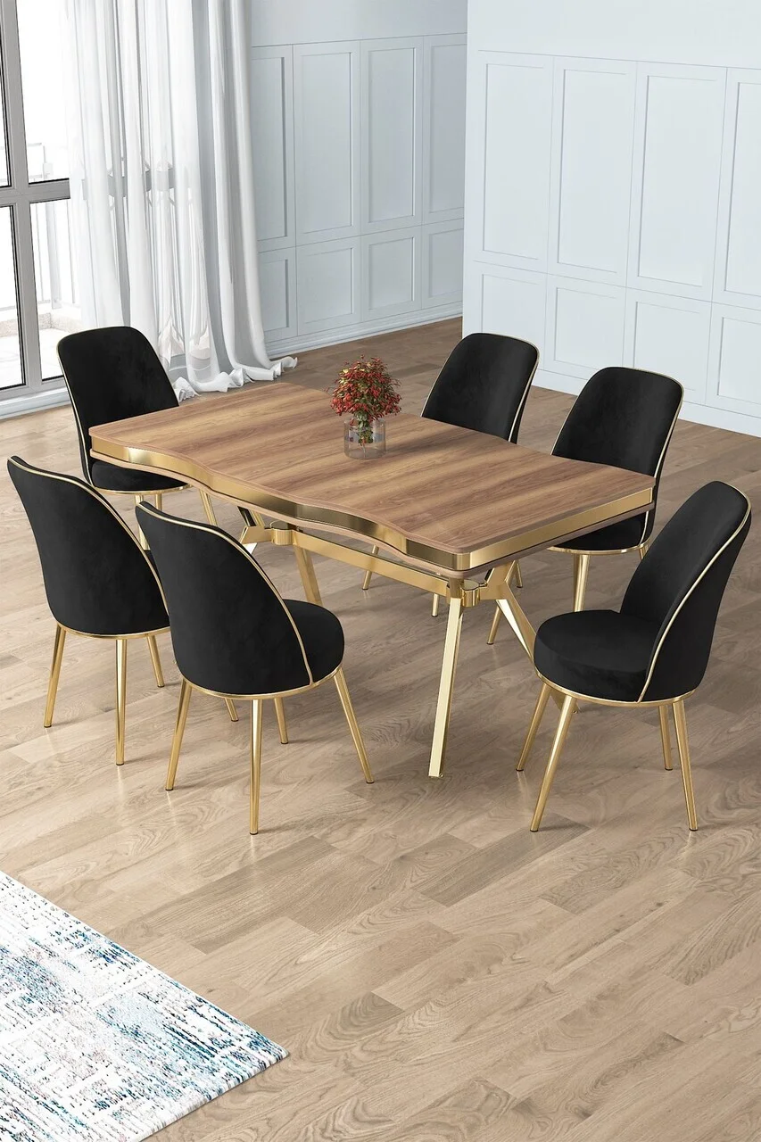 Set masa si scaune (7 piese), Hanah Home, Prah, Hazar / Auriu / Negru Set masa si scaune (7 piese), Hanah Home, Prah, Hazar / Auriu / Negru