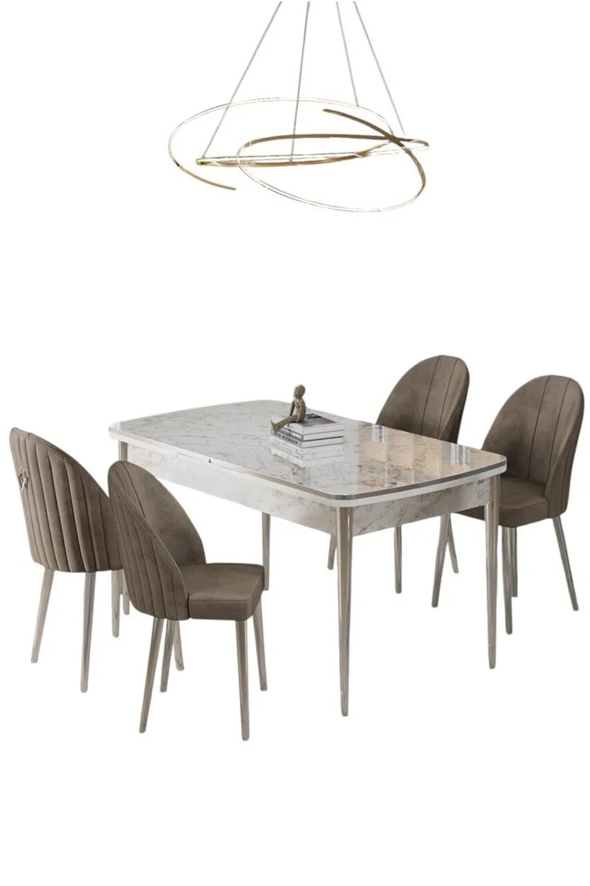 Set masa extensibila si scaune (5 piese), Hanah Home, Rada, Model de marmură albă / Crom / Cappuccino Set masa extensibila si scaune (5 piese), Hanah Home, Rada, Model de marmură albă / Crom / Cappuccino