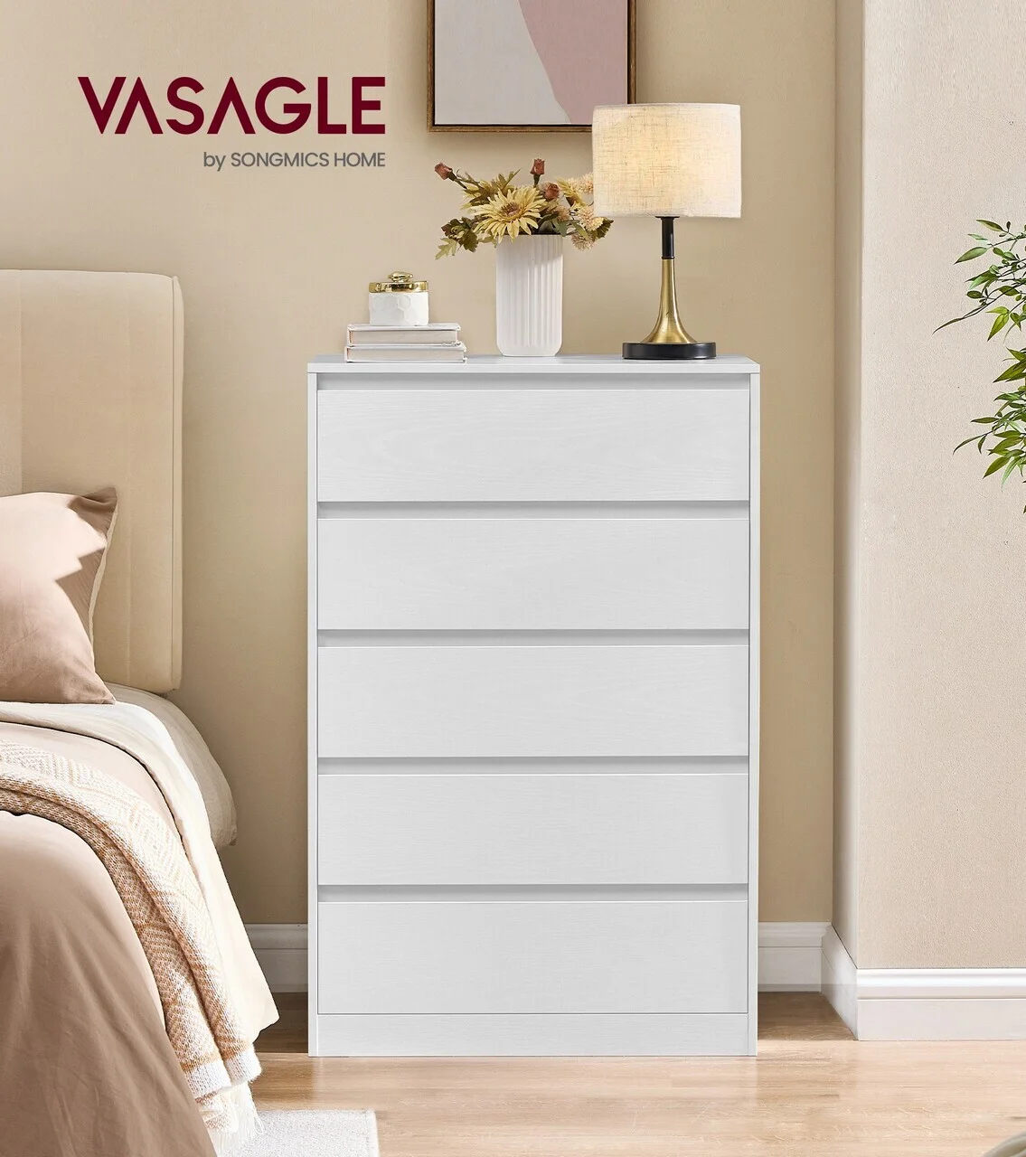 Comoda cu 5 sertare Kailyn, Songmics, 60x40x97.4 cm, PAL/MDF, alb Comoda cu 5 sertare Kailyn, Songmics, 60x40x97.4 cm, PAL/MDF, alb