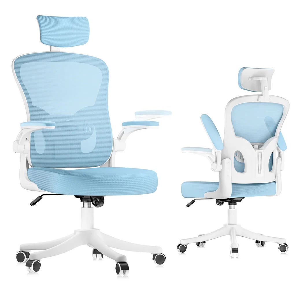 SCAUN DE BIROU ergonomic cu înălțime reglabilă, cotiere rabatabile și tetieră – Albastru