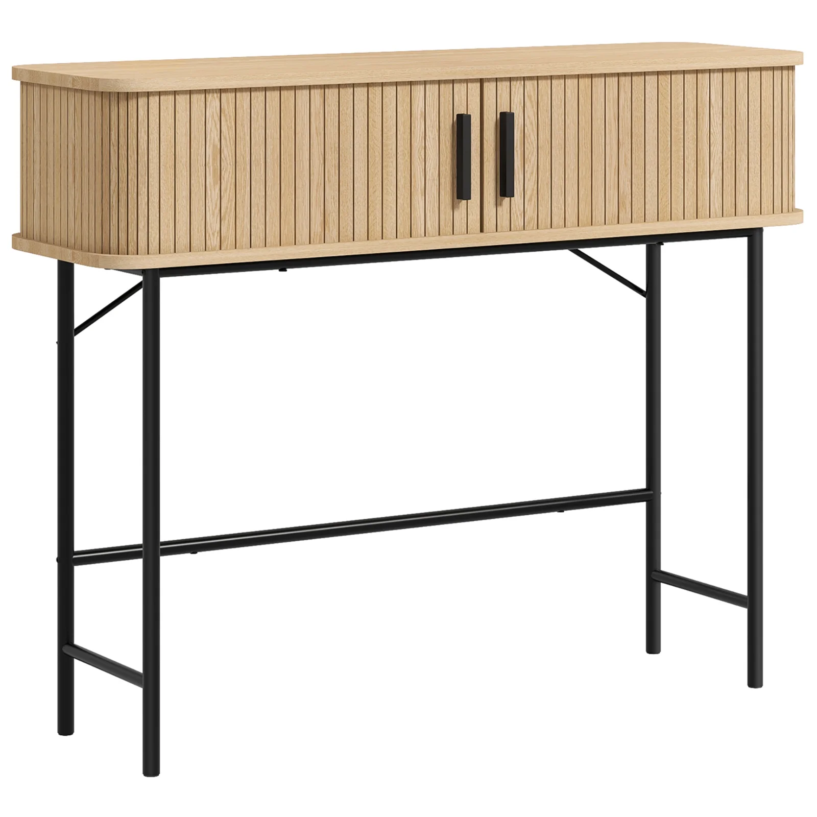 HOMCOM Consolă pentru Hol, cu Compartimente și Uși Glisante Tip Tambur, Picioare din Oțel, 100x30x80 cm, Stejar | Aosom Romania HOMCOM Consolă pentru Hol, cu Compartimente și Uși Glisante Tip Tambur, Picioare din Oțel, 100x30x80 cm, Stejar | Aosom Romania