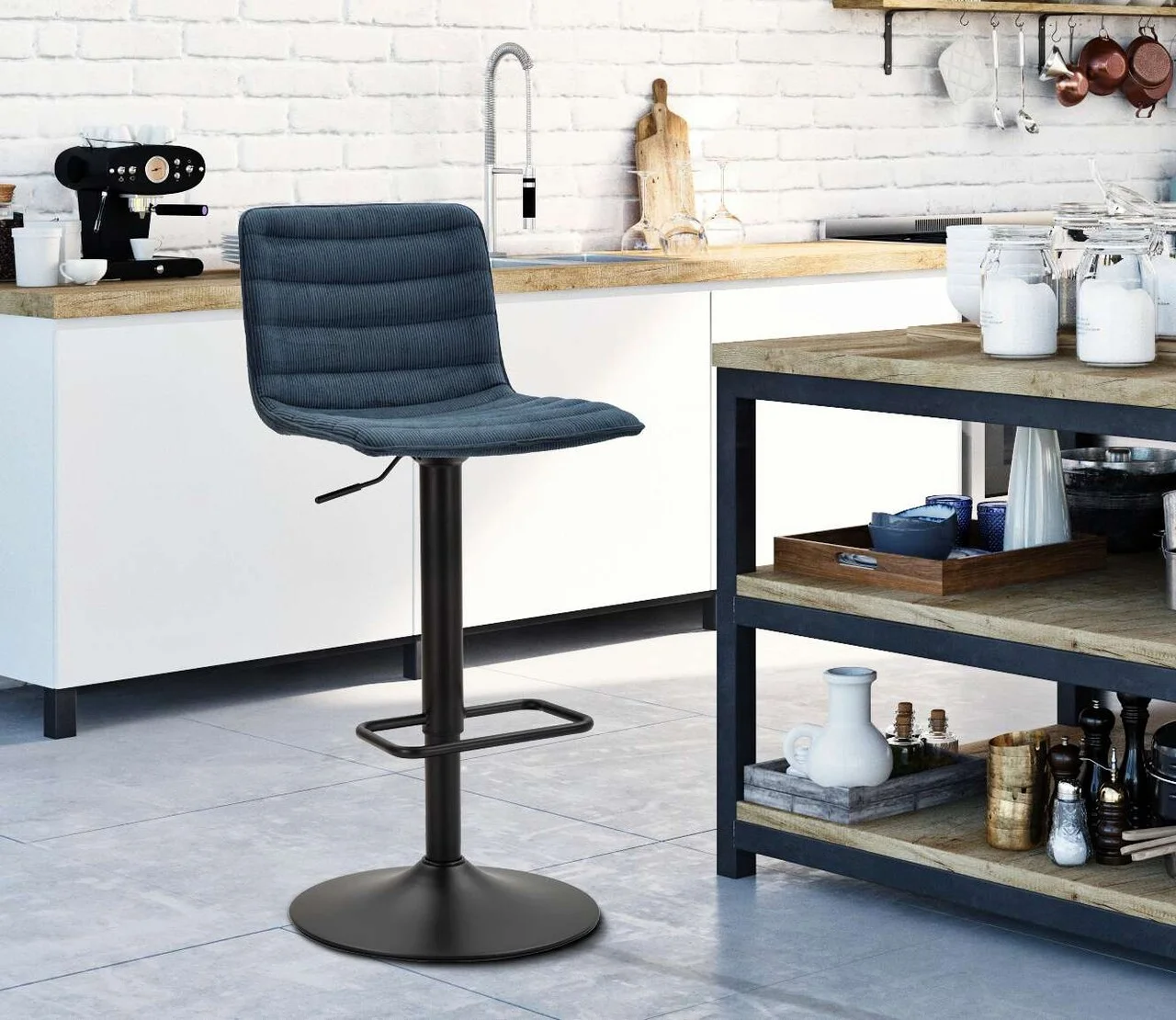Set 2 scaune de bar Lift High Navy, Mauro Ferretti, 43x49.5x85.5 cm, inaltime ajustabila, fier/poliester, negru/albastru Set 2 scaune de bar Lift High Navy, Mauro Ferretti, 43x49.5x85.5 cm, inaltime ajustabila, fier/poliester, negru/albastru