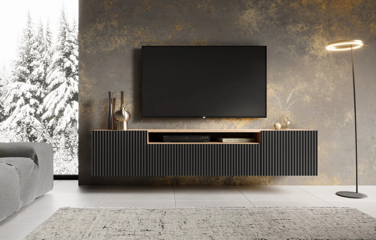Comoda TV ADRK, Noemi, 200x41x40 cm, PAL melaminat/MDF, negru/artisan Comoda TV ADRK, Noemi, 200x41x40 cm, PAL melaminat/MDF, negru/artisan