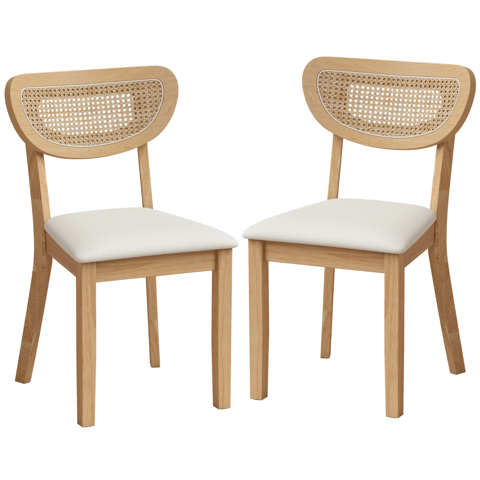 HOMCOM Set de 2 scaune de sufragerie, scaune de bucătărie căptușite cu aspect de in, spătar cu efect ratan și picioare din hevea, bej | Aosom Romania HOMCOM Set de 2 scaune de sufragerie, scaune de bucătărie căptușite cu aspect de in, spătar cu efect ratan și picioare din hevea, bej | Aosom Romania