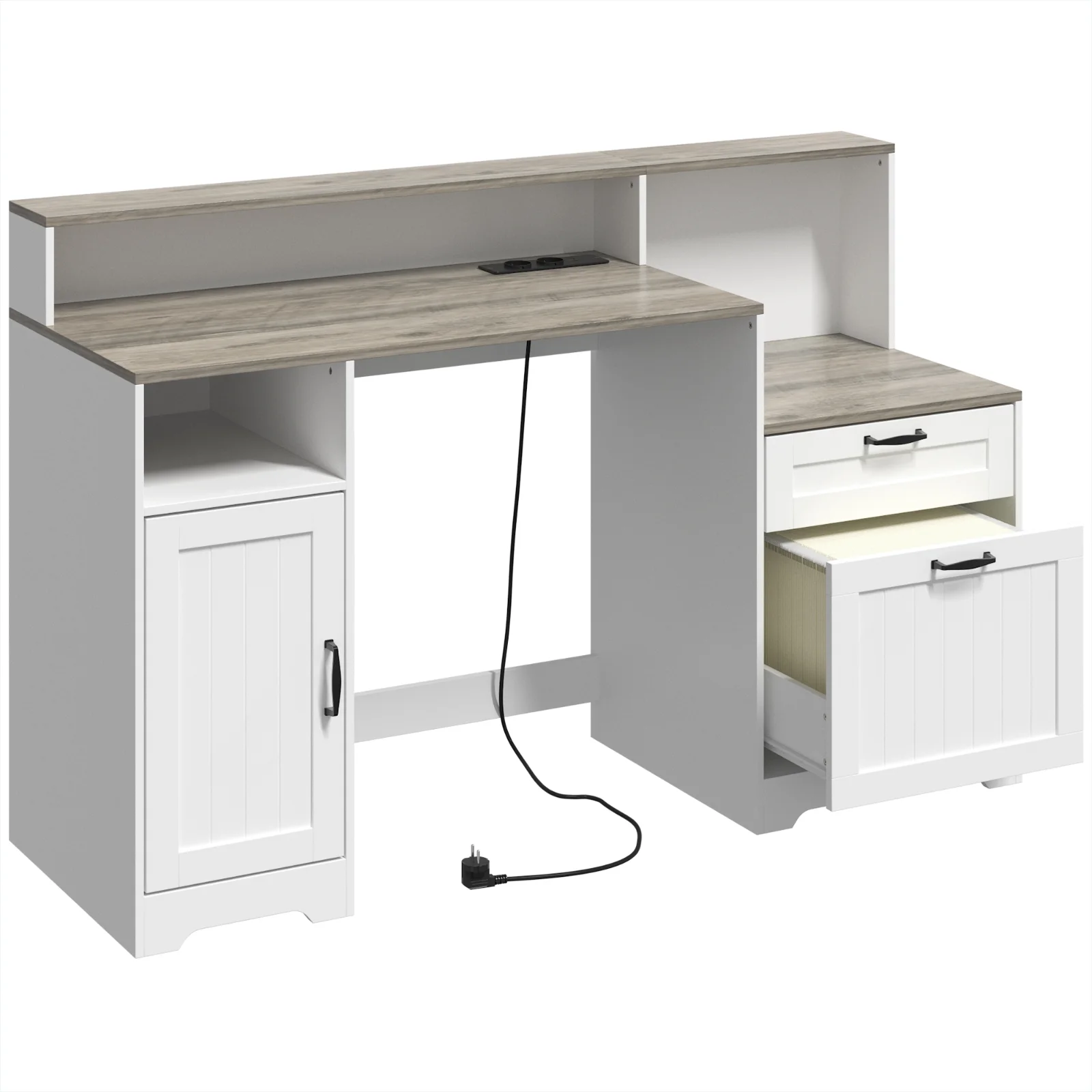 HOMCOM Birou 140 cm cu Stație de Încărcare, Sertare și Dulap, Prize, Suport pentru Imprimantă și Monitor Maro și Alb | Aosom Romania HOMCOM Birou 140 cm cu Stație de Încărcare, Sertare și Dulap, Prize, Suport pentru Imprimantă și Monitor Maro și Alb | Aosom Romania