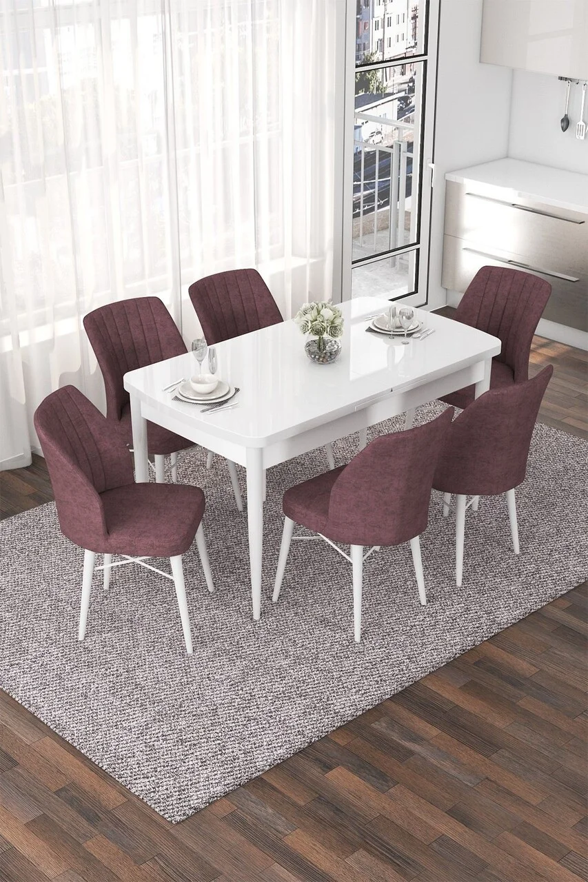 Set masa extensibila si scaune (7 piese), Hanah Home, Nef, Alb / Roz Păduros Set masa extensibila si scaune (7 piese), Hanah Home, Nef, Alb / Roz Păduros