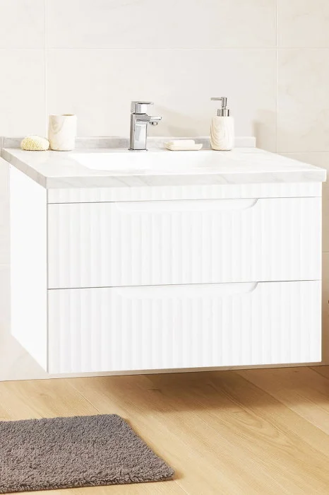 Set Baza front MDF si Lavoar seria 833, suspendata, cu sertare, montat, 80 cm, alb rustic Set Baza front MDF si Lavoar seria 833, suspendata, cu sertare, montat, 80 cm, alb rustic