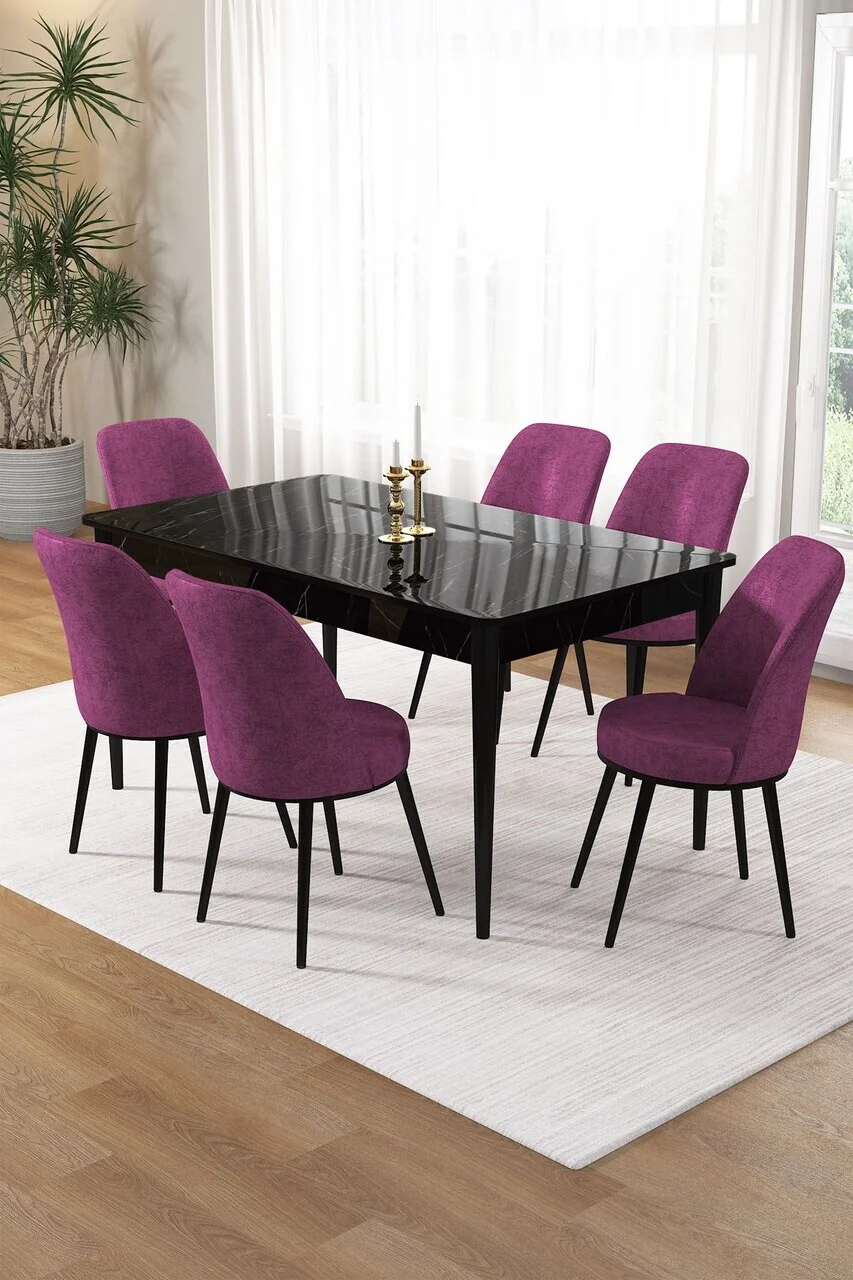 Set masa si scaune (7 piese), Hanah Home, Pir, Model de marmură neagră / violet Set masa si scaune (7 piese), Hanah Home, Pir, Model de marmură neagră / violet