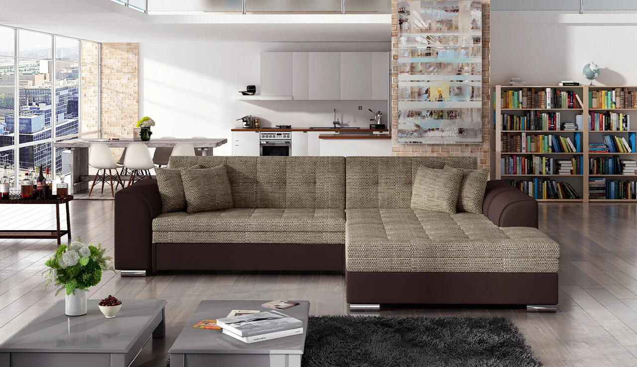 Coltar extensibil dreapta 4 locuri, ELTAP, Sorento, 296x194x78 cm, lemn/poliester, bej inchis/maro Coltar extensibil dreapta 4 locuri, ELTAP, Sorento, 296x194x78 cm, lemn/poliester, bej inchis/maro