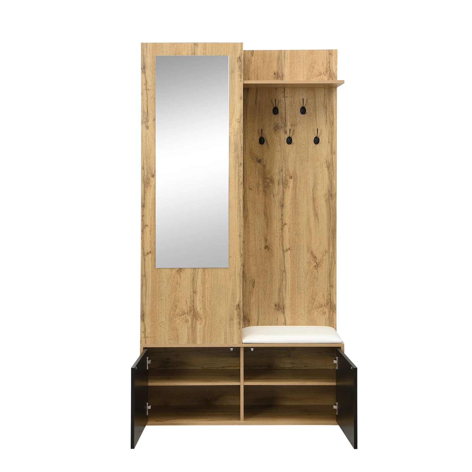 Set pentru hol cu 5 cârlige pentru haine, oglindă, dulap pentru încălțăminte și bancă pentru hol, 100x38x191 cm, Negru+Culoare naturală Set pentru hol cu 5 cârlige pentru haine, oglindă, dulap pentru încălțăminte și bancă pentru hol, 100x38x191 cm, Negru+Culoare naturală