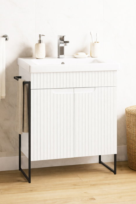Set Baza front MDF si Lavoar seria 733, cadru metalic, montata, 60 cm, alb rustic Set Baza front MDF si Lavoar seria 733, cadru metalic, montata, 60 cm, alb rustic