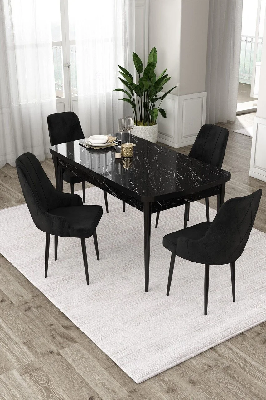 Set masa extensibila si scaune (5 piese), Hanah Home, Eta, Model de marmură neagră / Negru Set masa extensibila si scaune (5 piese), Hanah Home, Eta, Model de marmură neagră / Negru