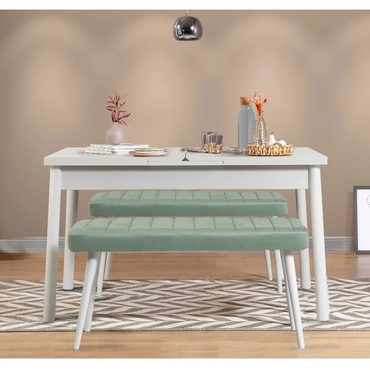 Set masa extensibila si banchete, Hanah Home, Santiago 0400, Alb/Verde Set masa extensibila si banchete, Hanah Home, Santiago 0400, Alb/Verde