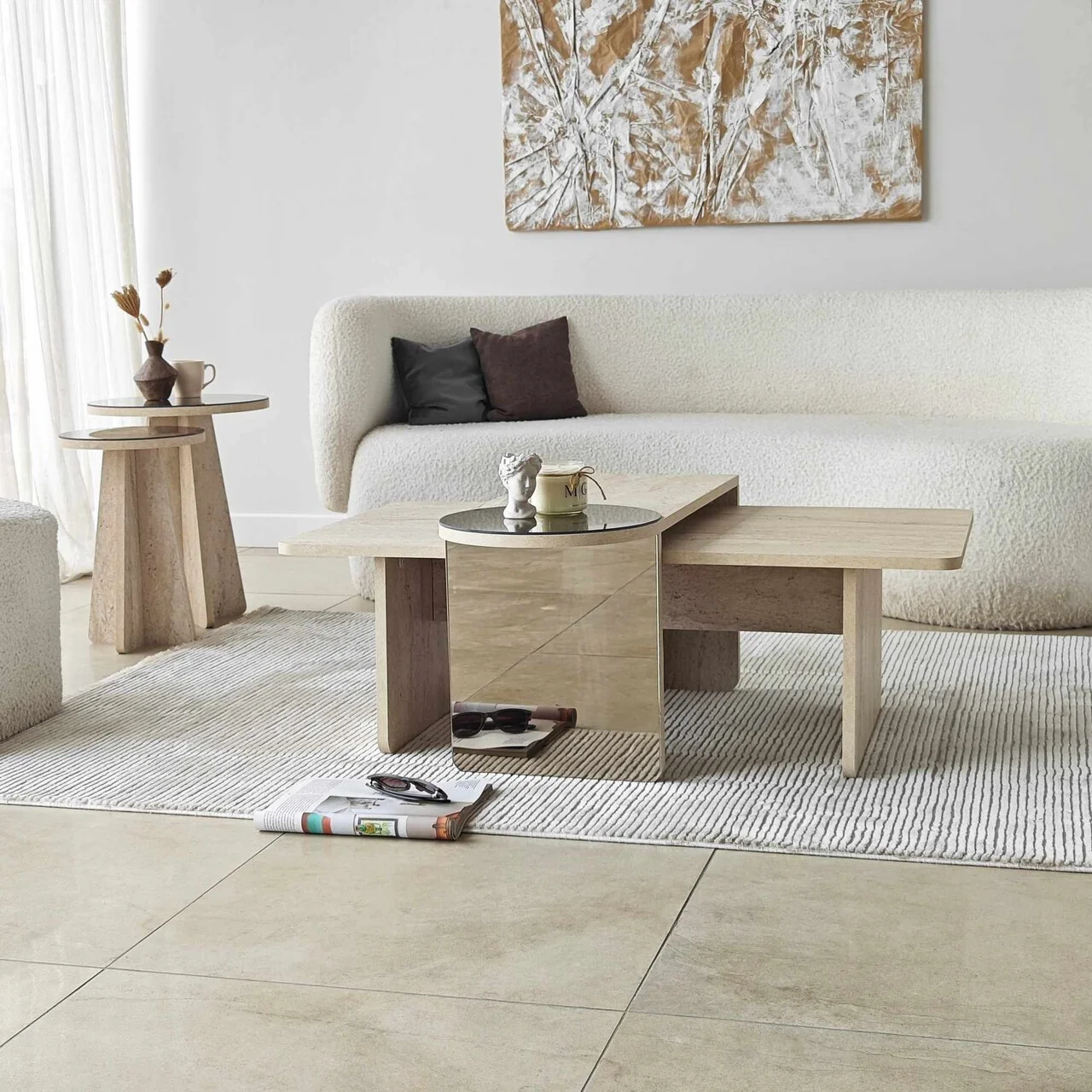 Set masute Nesting 4 piese, Hanah Home, Luna, PAL, Travertine / Bronze Set masute Nesting 4 piese, Hanah Home, Luna, PAL, Travertine / Bronze
