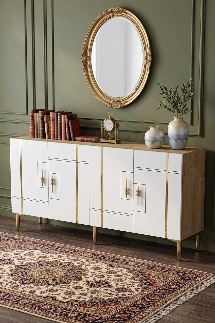 Consola, Hanah Home, Ilay 150, 150x75x32 cm, Stejar Safir / Alb / Auriu Consola, Hanah Home, Ilay 150, 150x75x32 cm, Stejar Safir / Alb / Auriu