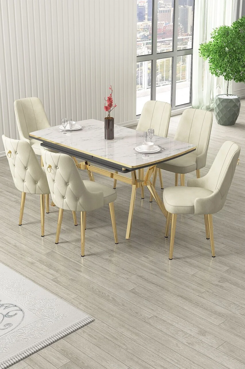 Set masa extensibila si scaune (7 piese), Hanah Home, Nis, Model de marmură albă / Auriu / Crem Set masa extensibila si scaune (7 piese), Hanah Home, Nis, Model de marmură albă / Auriu / Crem