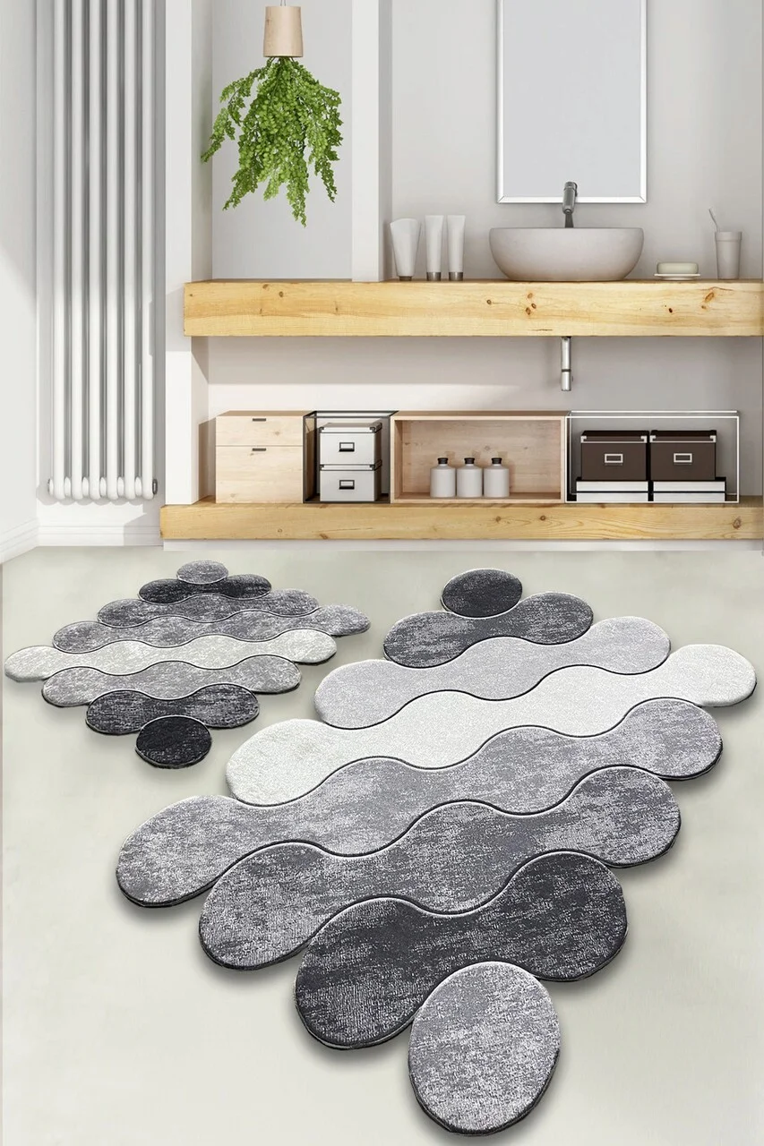 Set covorase de baie, L'essentiel Maison, Circle, Gri / Gri deschis / Alb Set covorase de baie, L'essentiel Maison, Circle, Gri / Gri deschis / Alb
