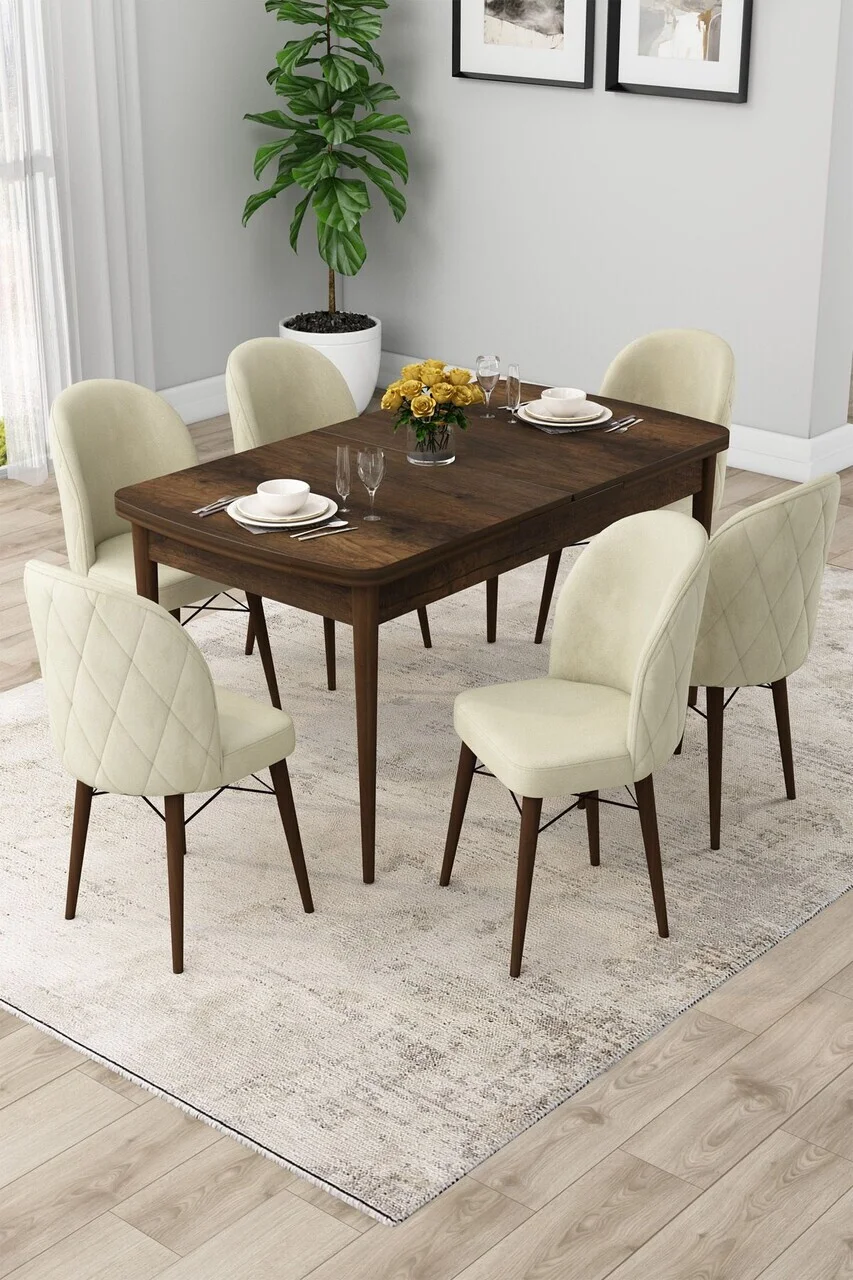 Set masa extensibila si scaune (7 piese), Hanah Home, Rut, Model baroc din lemn / Crem Set masa extensibila si scaune (7 piese), Hanah Home, Rut, Model baroc din lemn / Crem