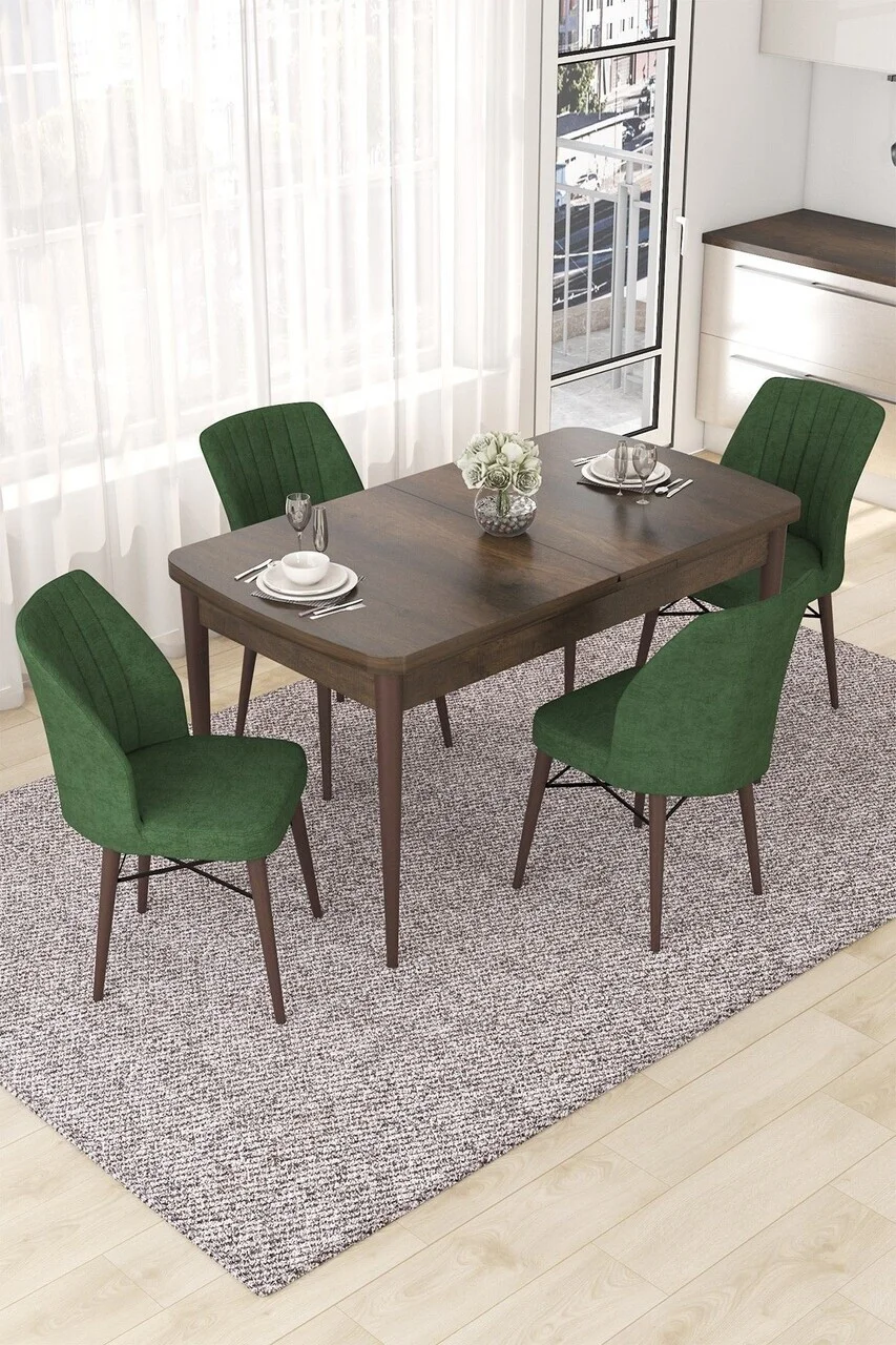 Set masa extensibila si scaune (5 piese), Hanah Home, Nef, Model baroc din lemn / Verde kaki Set masa extensibila si scaune (5 piese), Hanah Home, Nef, Model baroc din lemn / Verde kaki